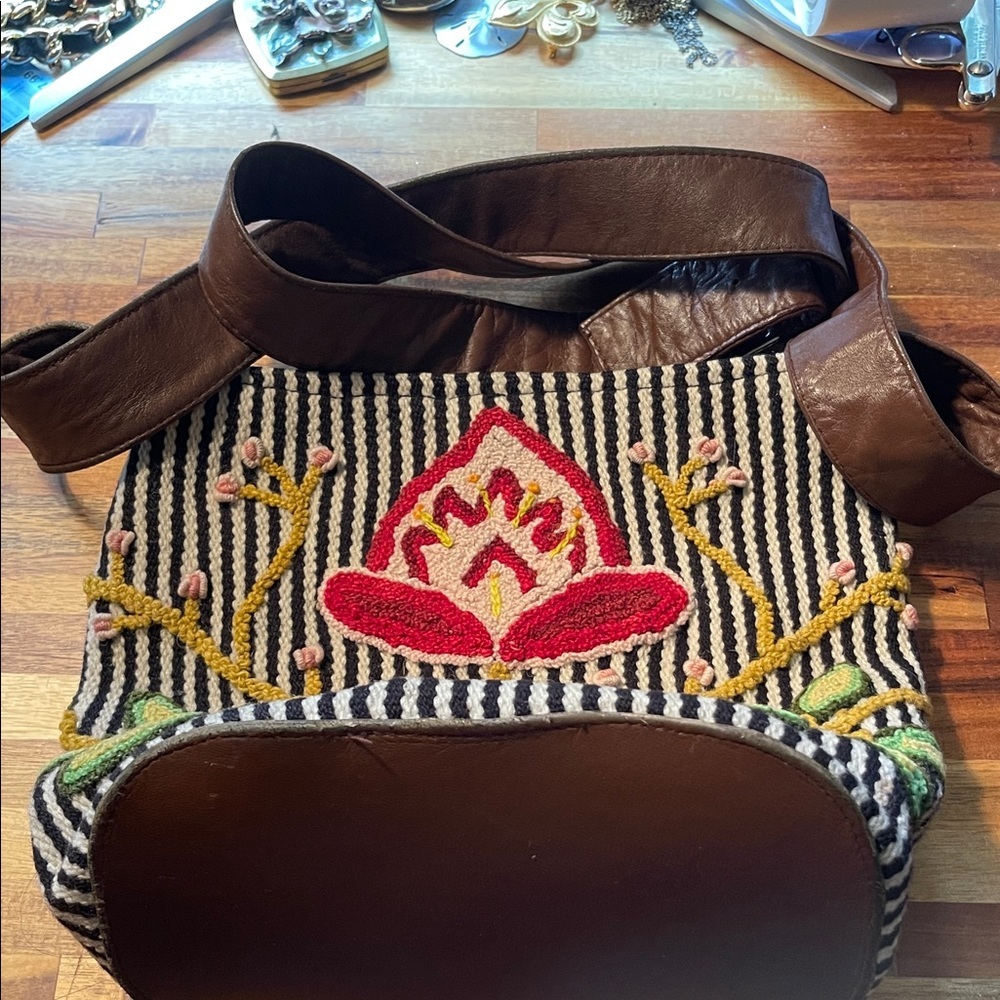 Sundance Catalog Striped & Floral Hand Embroidered Wool Crossbody Bag. P